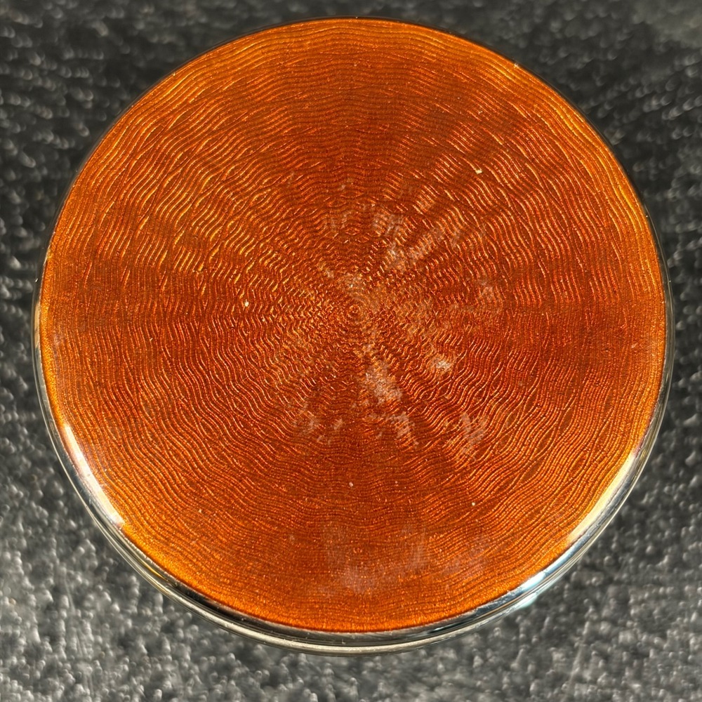 Antique German Guilloche Enamel Vanity Jar Orange Sunburst Glass Art Deco Box